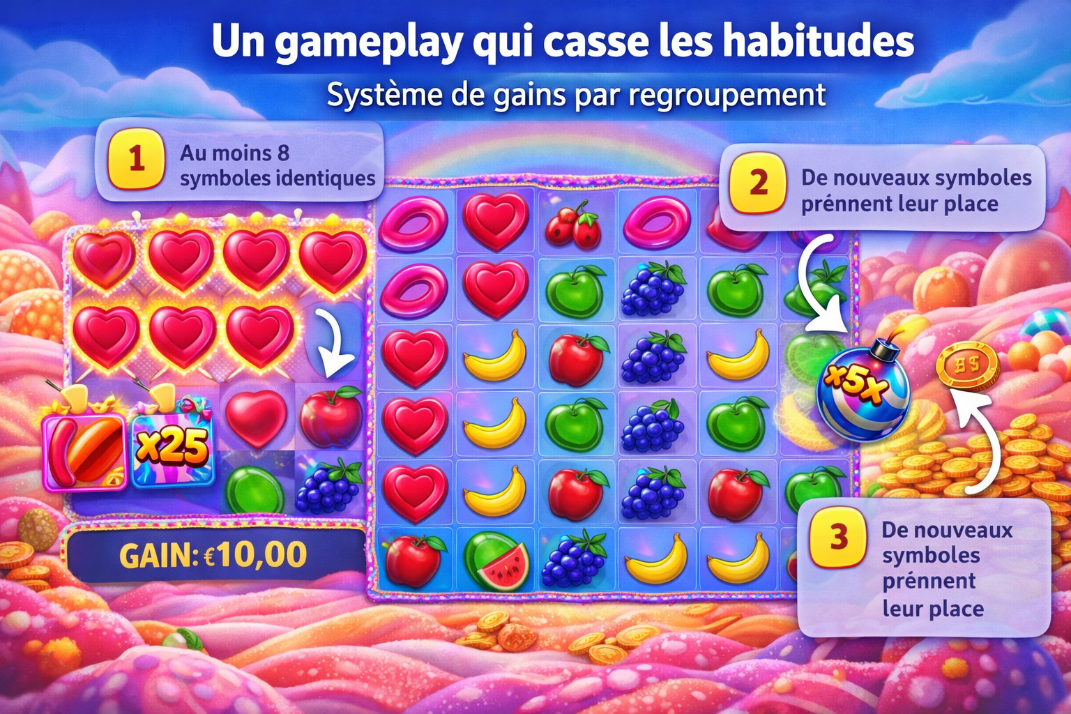 Gameplay de Sweet Bonanza montrant le système de gains par regroupement avec symboles, cascades et multiplicateurs