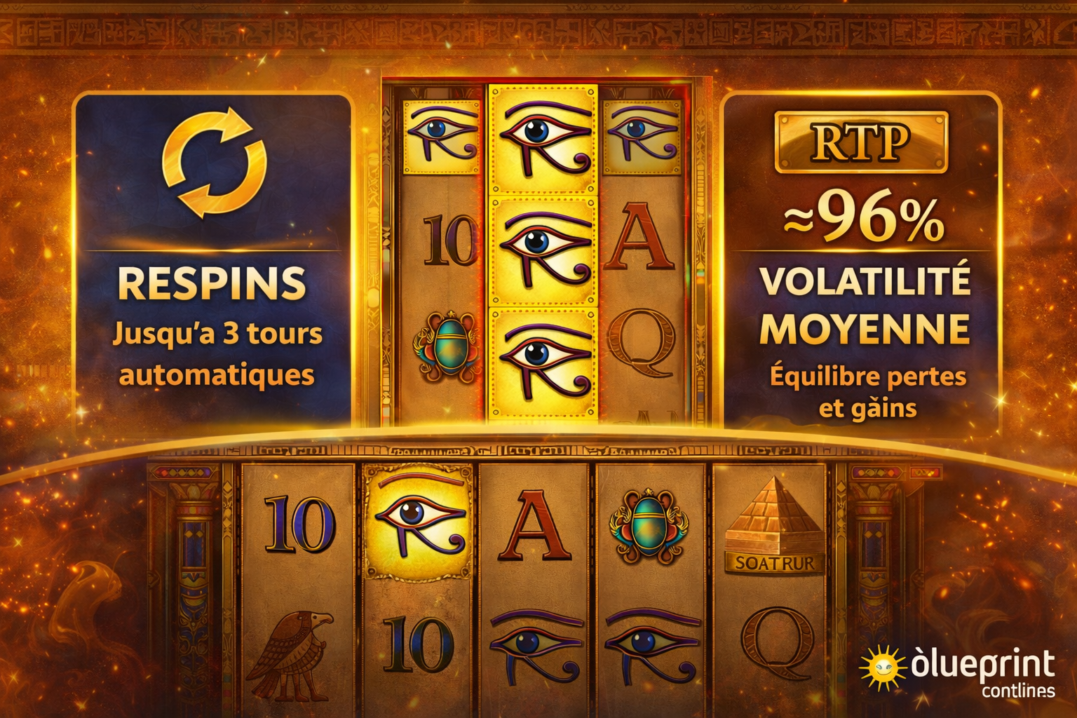 Fonction respins de la machine à sous Eye of Horus avec Wild empilé et RTP d’environ 96 %