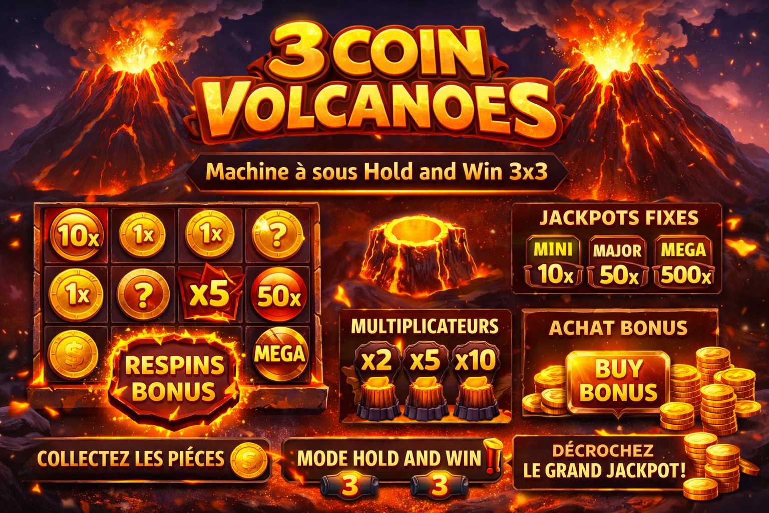 "3 Coin Volcanoes – Machine à sous Hold and Win 3x3 avec bonus respins, multiplicateurs et jackpots fixes, décor volcanique animé.