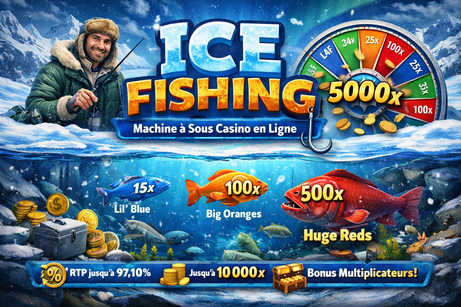 Illustration du jeu de casino Ice Fishing avec roue de gains, poissons bonus et multiplicateurs élevés dans un décor de pêche sur glace