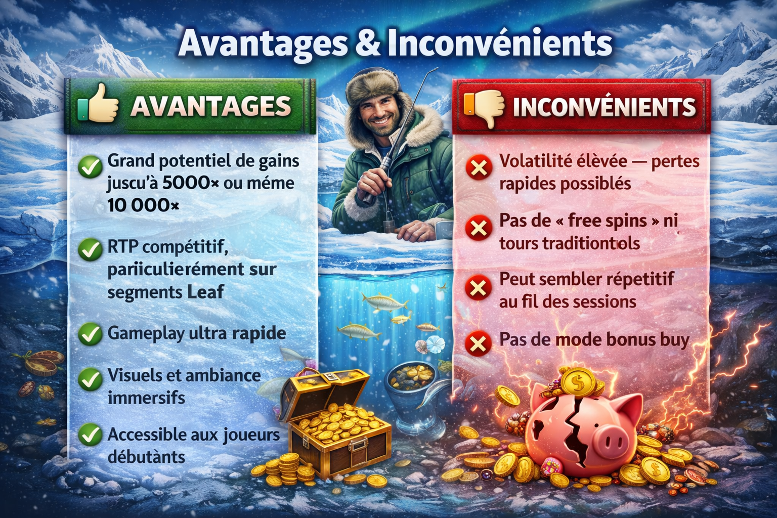 Comparaison des avantages et inconvénients du jeu de casino Ice Fishing avec potentiel de gains élevé et forte volatilité