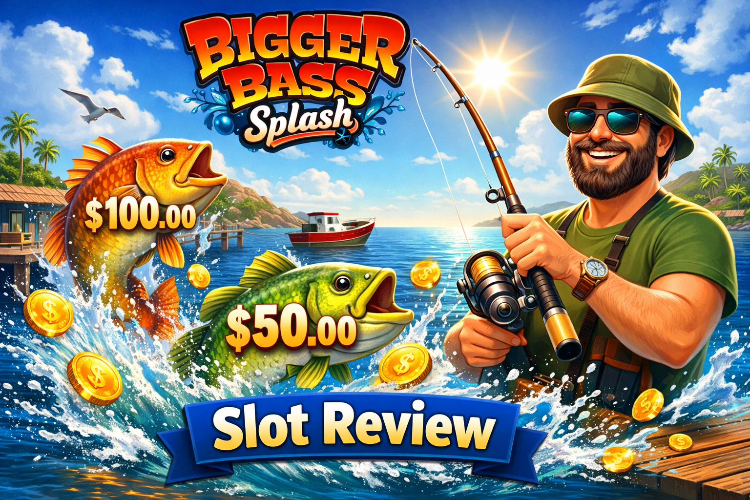 Illustration colorée de la machine à sous Bigger Bass Splash, avec un pêcheur cartoon attrapant des poissons et des pièces d’or, ambiance dock et océan ensoleillé, style moderne et attractif pour casino en ligne.