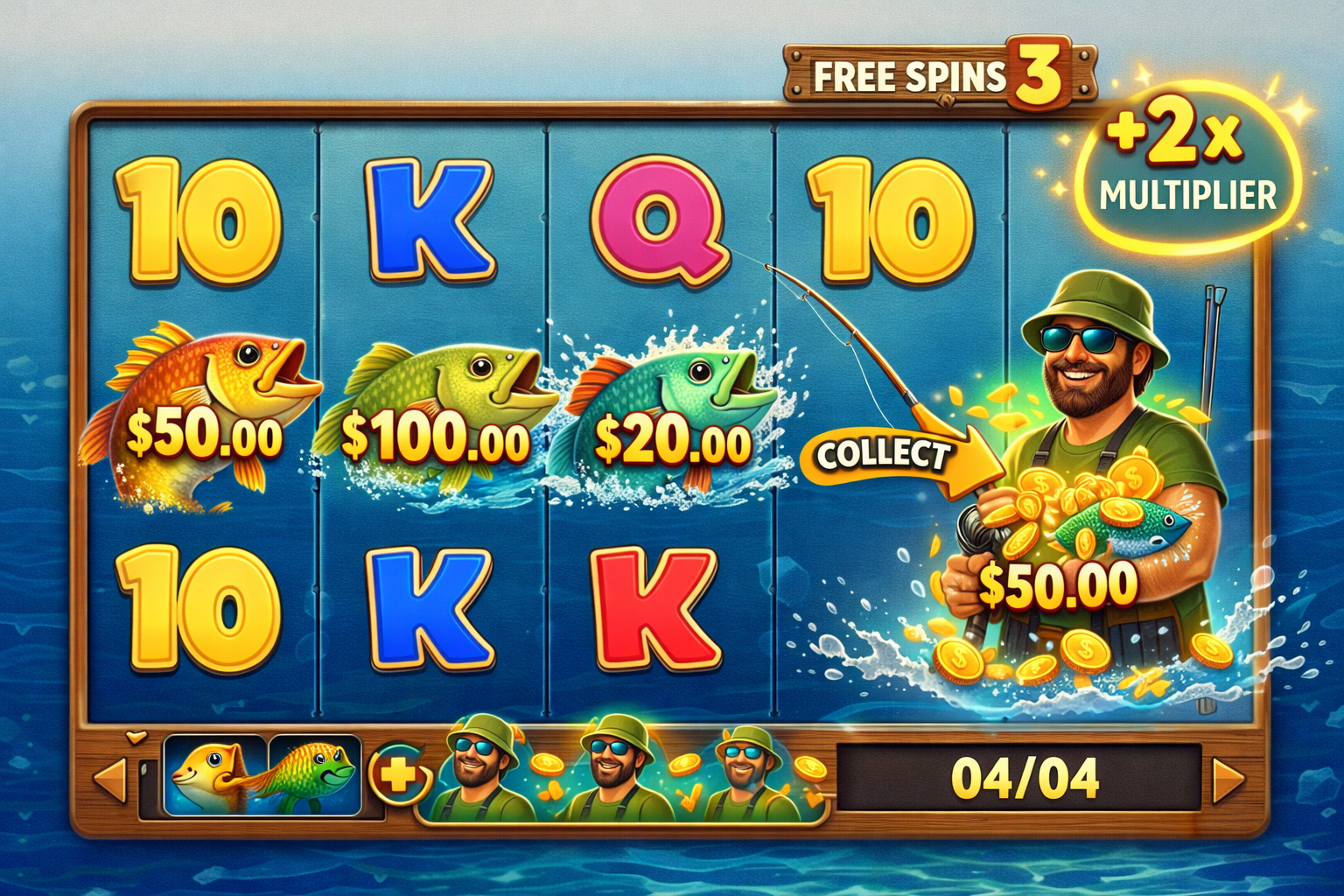 Illustration gameplay de Bigger Bass Splash, montrant les 5 rouleaux avec symboles poissons, pêcheur collectant les valeurs, Free Spins et multiplicateurs lumineux, fond neutre, style casino coloré et éducatif.