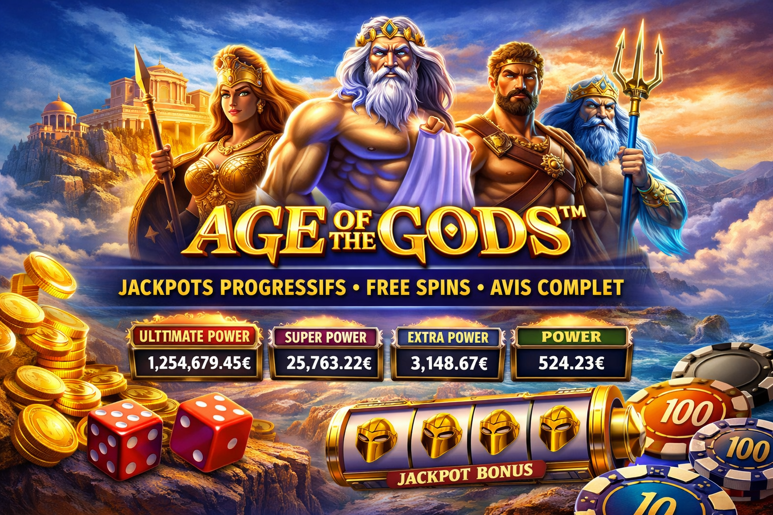 Machine à sous Age of the Gods de Playtech avec Zeus, Athéna, Poséidon et Hercule, jackpots progressifs et free spins, décor mythologique de l’Olympe