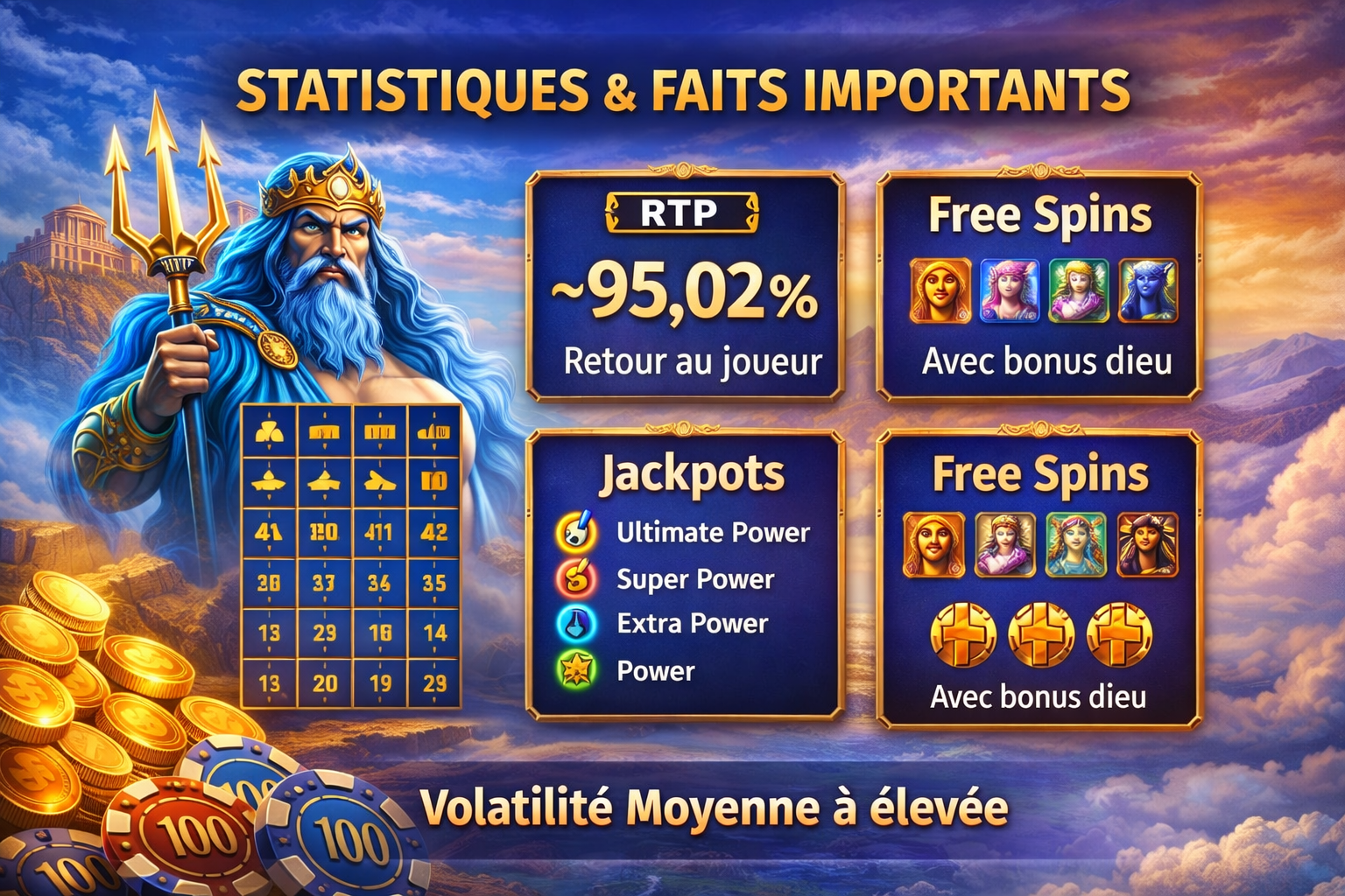 Statistiques de la machine à sous Age of the Gods : RTP 95,02 %, jackpots progressifs Ultimate Power, Super Power, Extra Power et Power, free spins avec bonus dieu et volatilité moyenne à élevée
