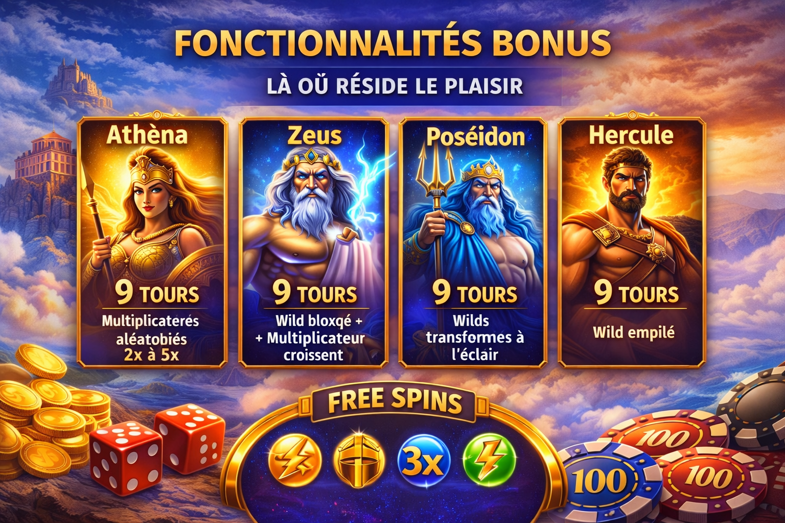 Fonctionnalités bonus de la machine à sous Age of the Gods : free spins avec Athéna, Zeus, Poséidon et Hercule, multiplicateurs et wilds spéciaux, décor mythologique