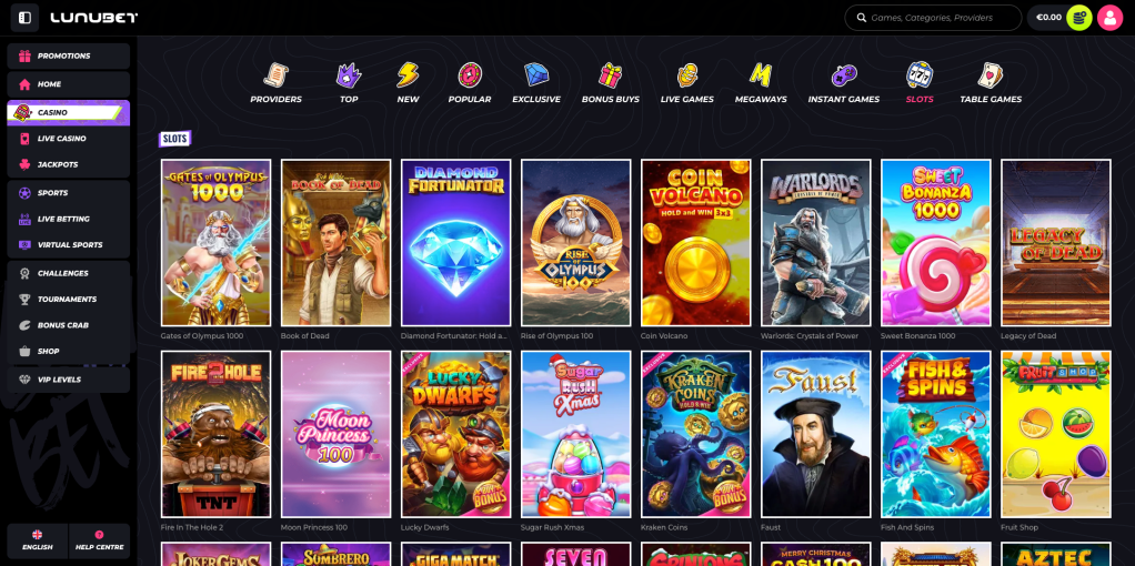 Lunubet casino jeux et fournisseurs